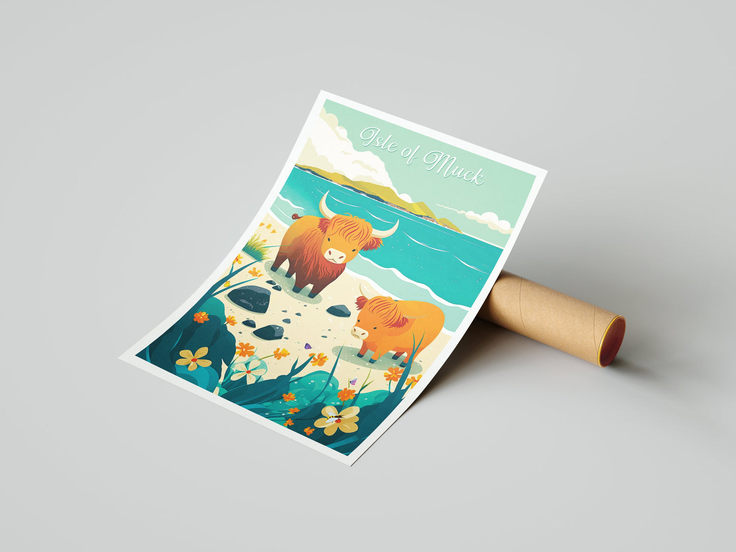 Whimsical Highland Cows on the Isle of Muck - Travel Poster - Scottish Coastal Illustration Print - Scottish Wall Art - Poster - Highlands