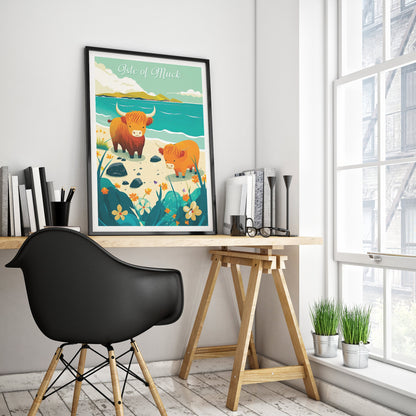 Whimsical Highland Cows on the Isle of Muck - Travel Poster - Scottish Coastal Illustration Print - Scottish Wall Art - Poster - Highlands