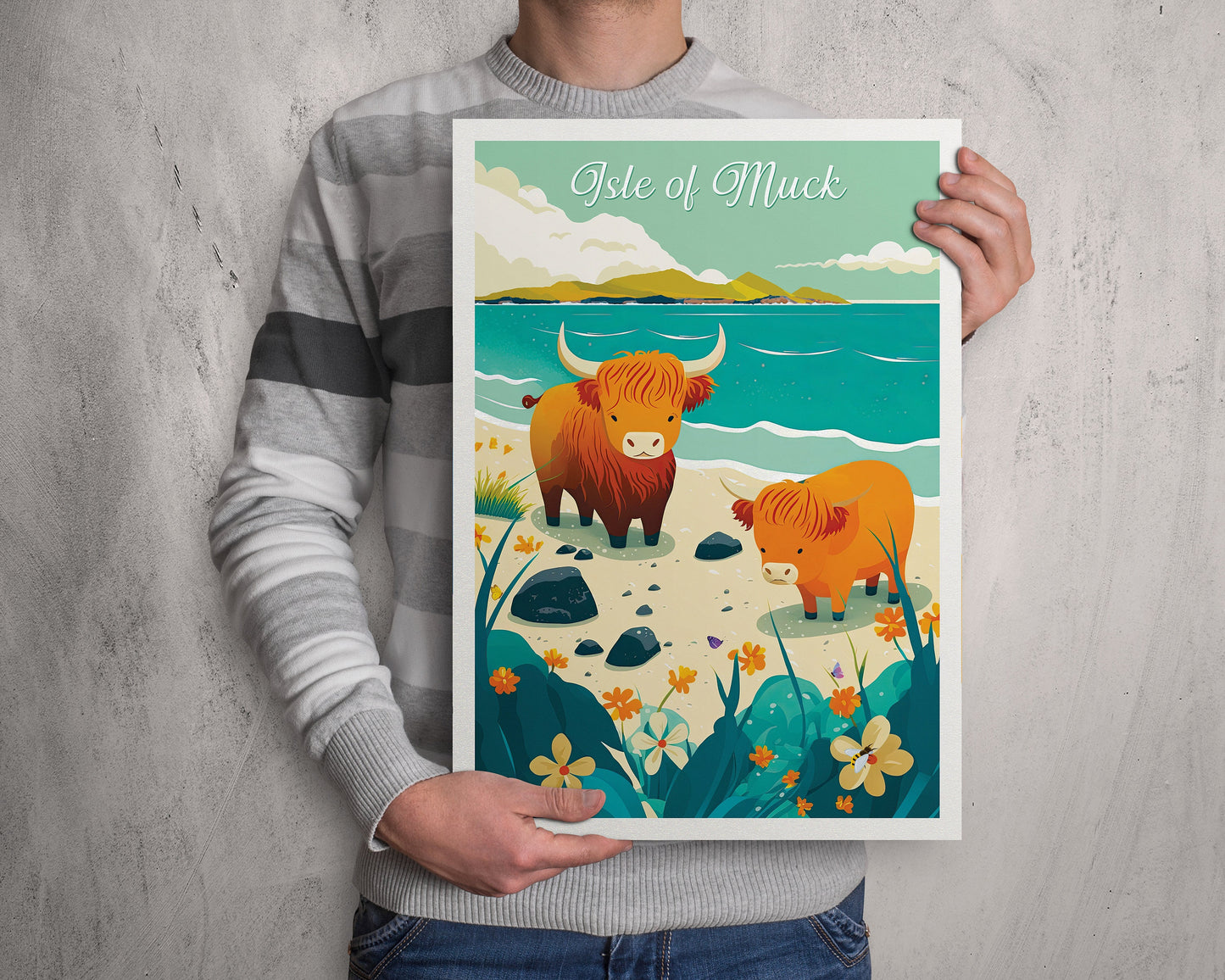 Whimsical Highland Cows on the Isle of Muck - Travel Poster - Scottish Coastal Illustration Print - Scottish Wall Art - Poster - Highlands