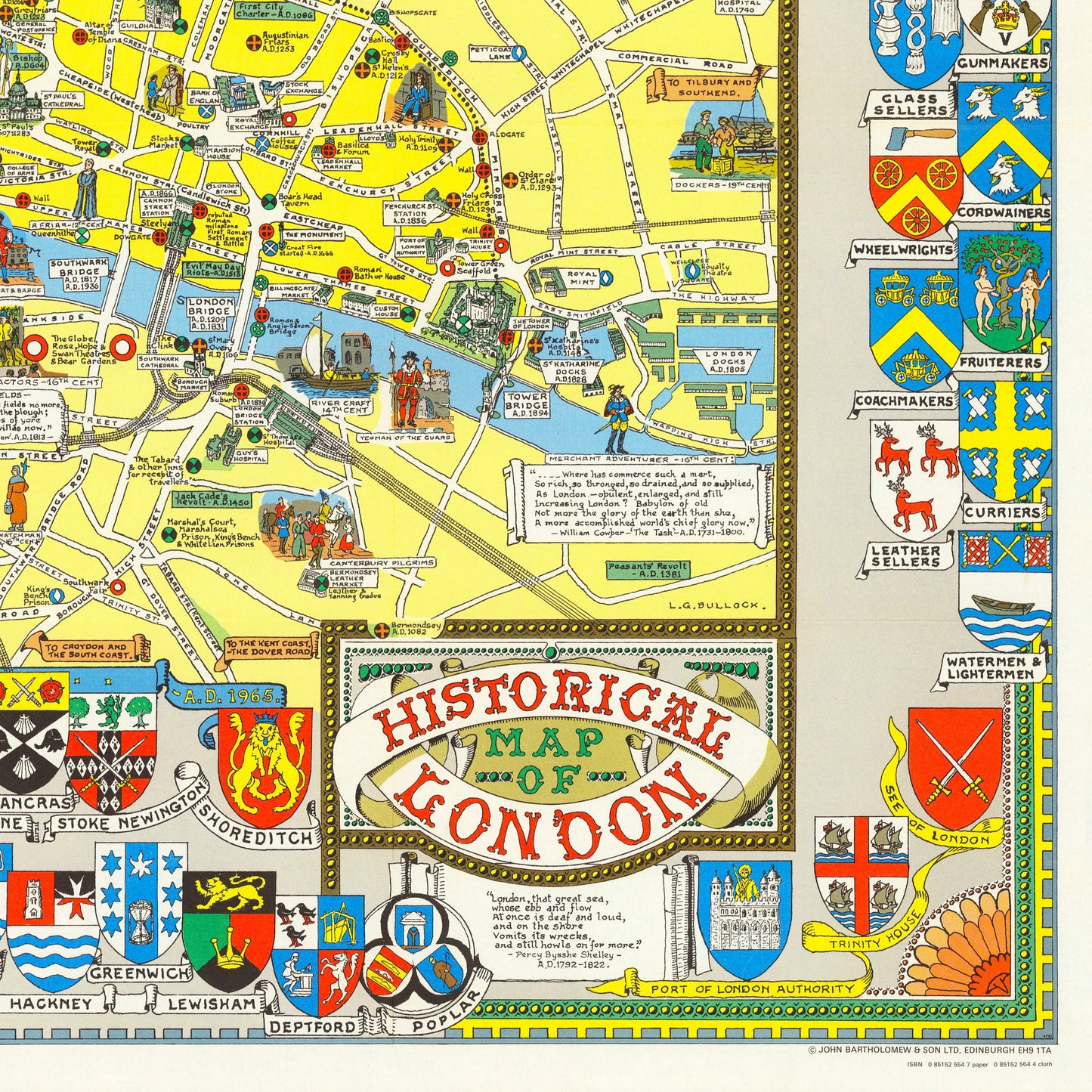 Historical Map of London. Arms of the City of London and the Guilds of London - Reproduction of 1965 Vintage Wall Art Poster - L.G Bullock