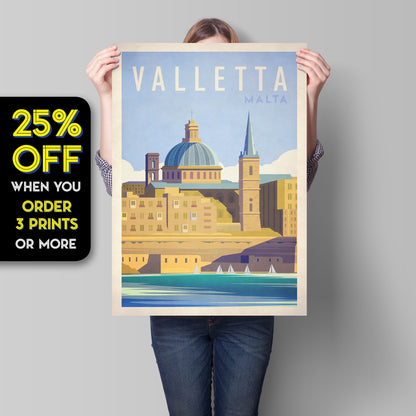 Valletta, Malta Travel Poster, Vintage looking Malta illustration