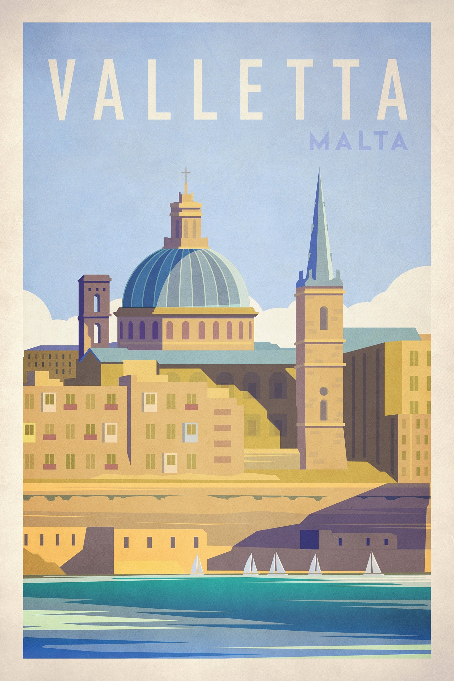 Valletta, Malta Travel Poster, Vintage looking Malta illustration