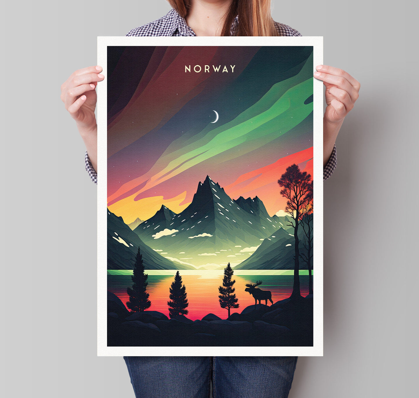 Northern Lights over Norway - Travel Poster Print featuring the Aurora Borealis and a Moose - Nordic Art