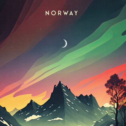 Northern Lights over Norway - Travel Poster Print featuring the Aurora Borealis and a Moose - Nordic Art