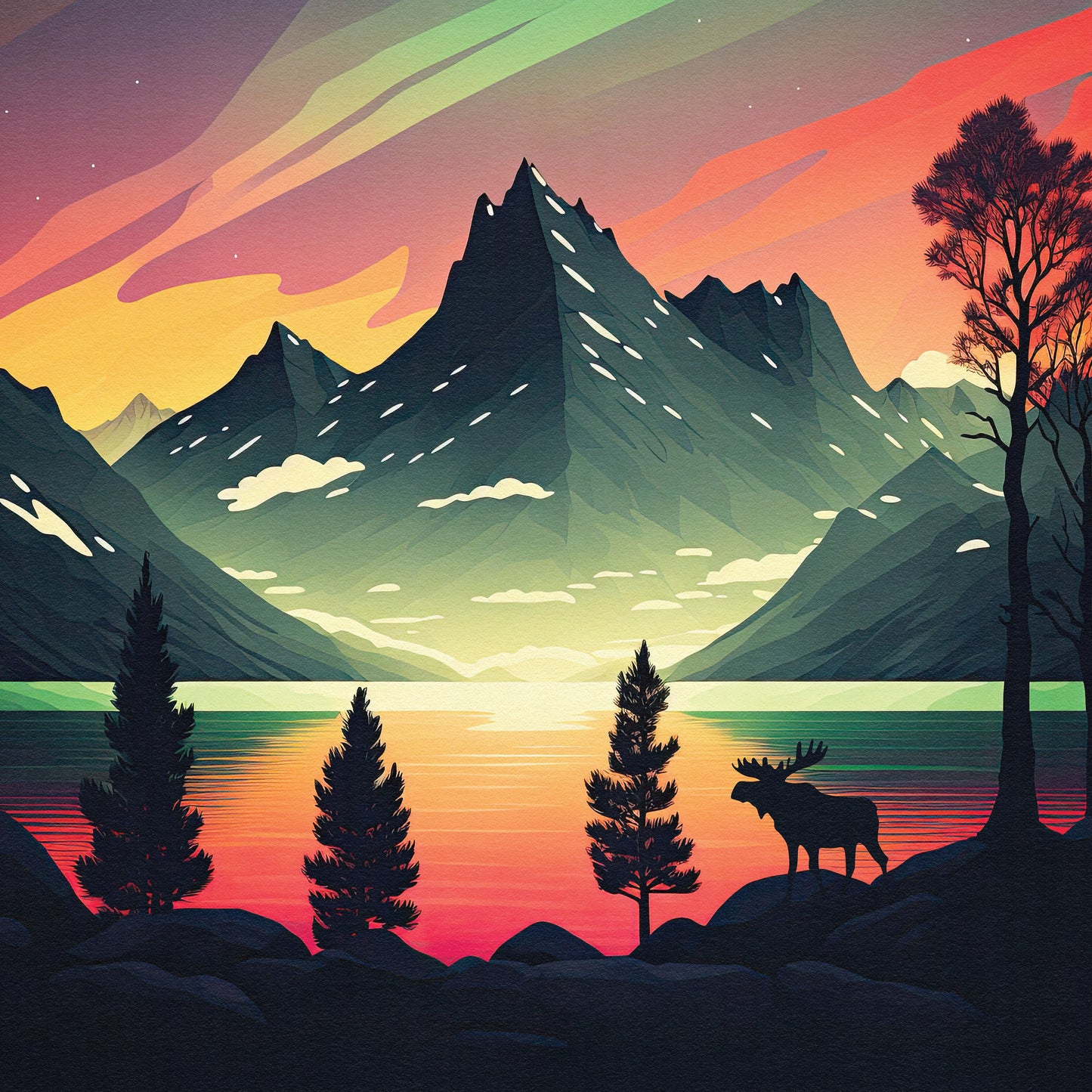 Northern Lights over Norway - Travel Poster Print featuring the Aurora Borealis and a Moose - Nordic Art