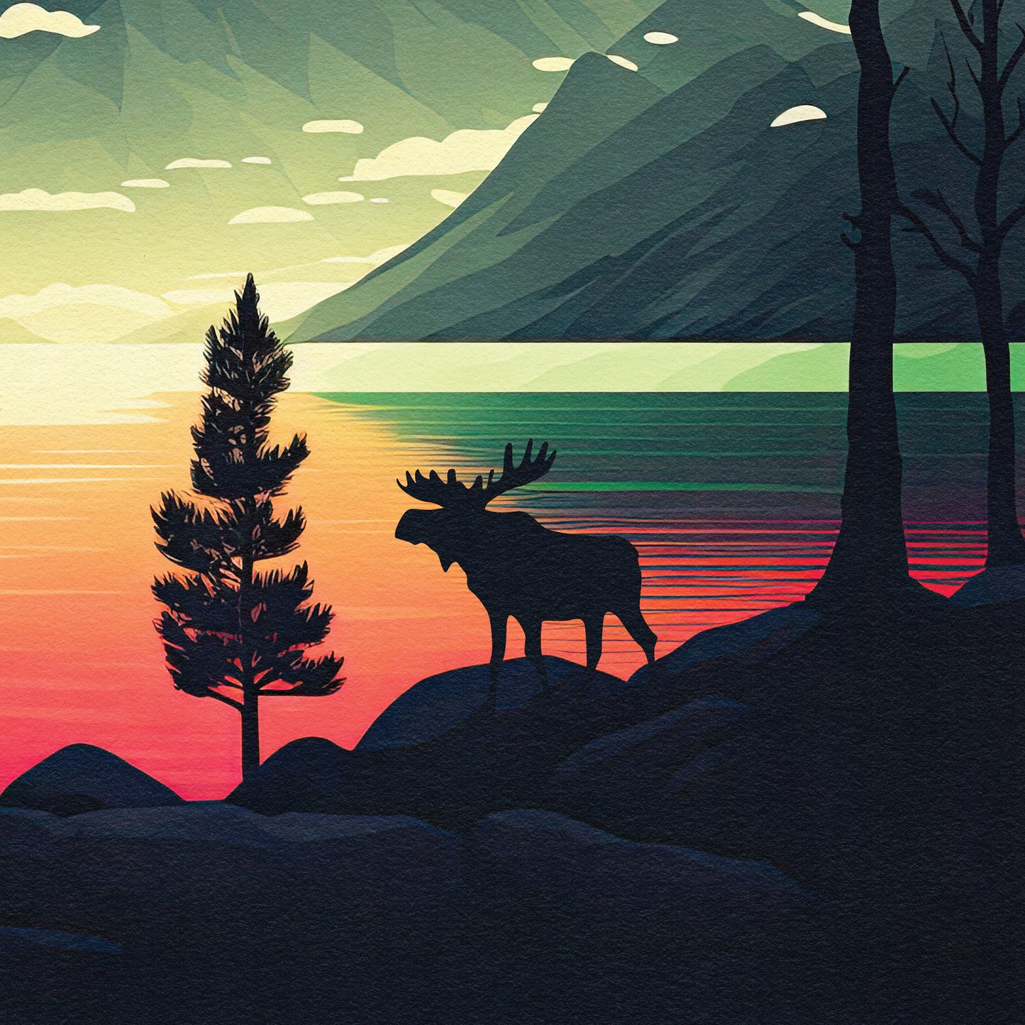 Northern Lights over Norway - Travel Poster Print featuring the Aurora Borealis and a Moose - Nordic Art