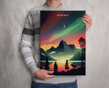 Northern Lights over Norway - Travel Poster Print featuring the Aurora Borealis and a Moose - Nordic Art