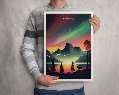 Northern Lights over Norway - Travel Poster Print featuring the Aurora Borealis and a Moose - Nordic Art