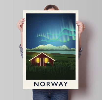 Norway Travel Poster featuring the Northern Lights - Nordic Art