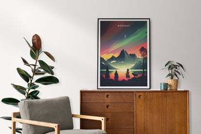 Northern Lights over Norway - Travel Poster Print featuring the Aurora Borealis and a Moose - Nordic Art