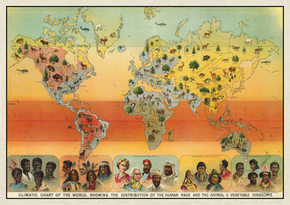 Climatic Chart Of The World, Showing The Distribution Of The Human Race And The Animal And Vegetable Kingdoms, 1893 Vintage Map