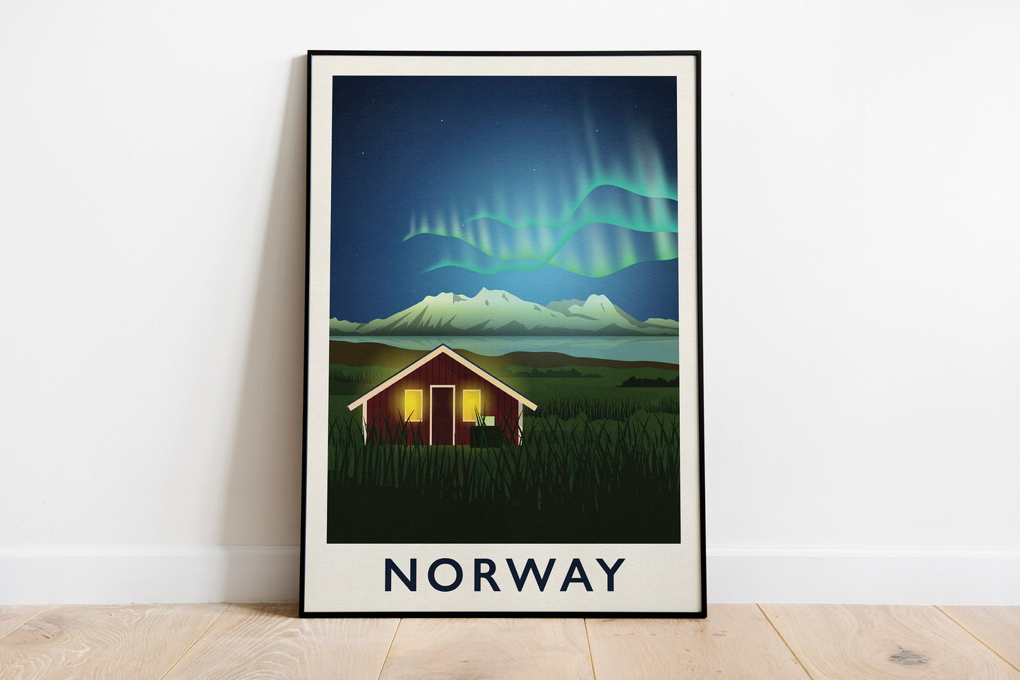 Norway Travel Poster featuring the Northern Lights - Nordic Art