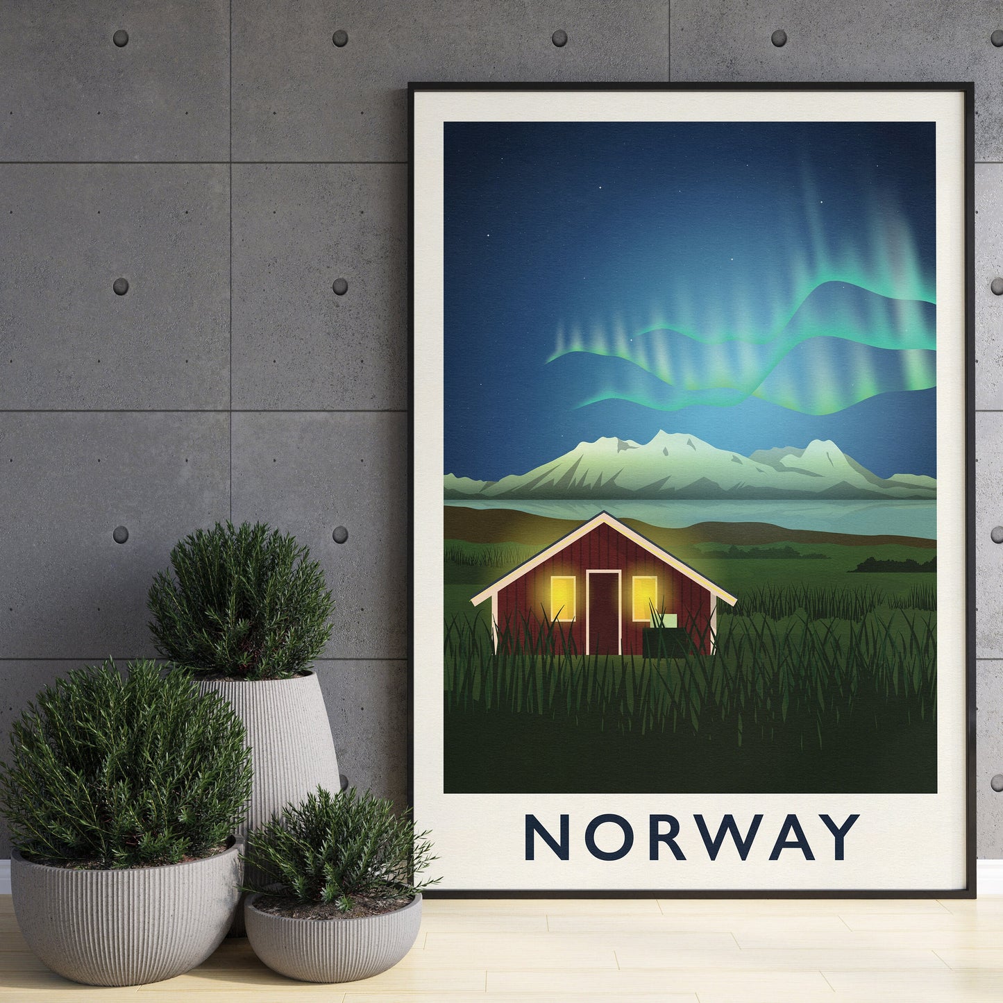 Norway Travel Poster featuring the Northern Lights - Nordic Art