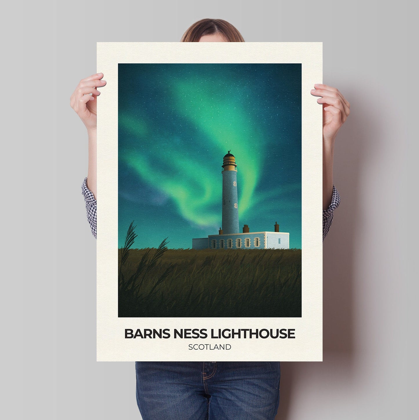 Barns Ness Lighthouse featuring the Northern Lights - Travel Poster Wall Art