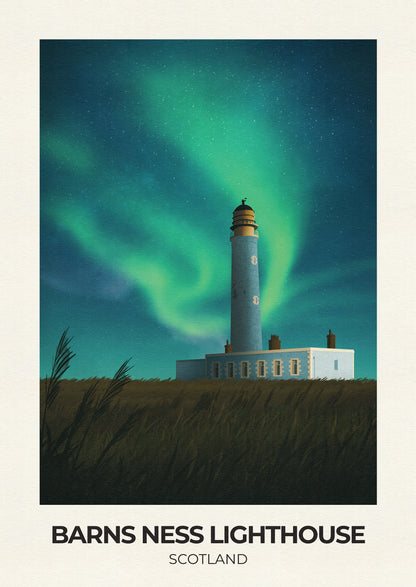 Barns Ness Lighthouse featuring the Northern Lights - Travel Poster Wall Art