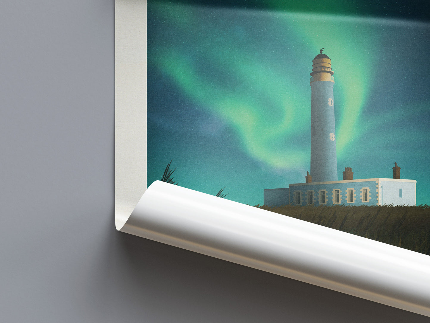 Barns Ness Lighthouse featuring the Northern Lights - Travel Poster Wall Art