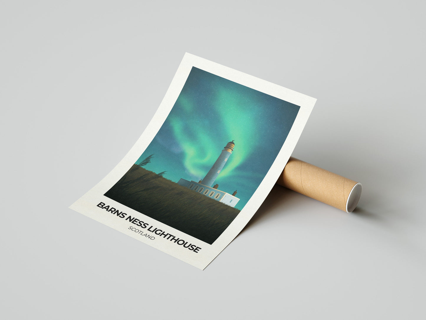 Barns Ness Lighthouse featuring the Northern Lights - Travel Poster Wall Art