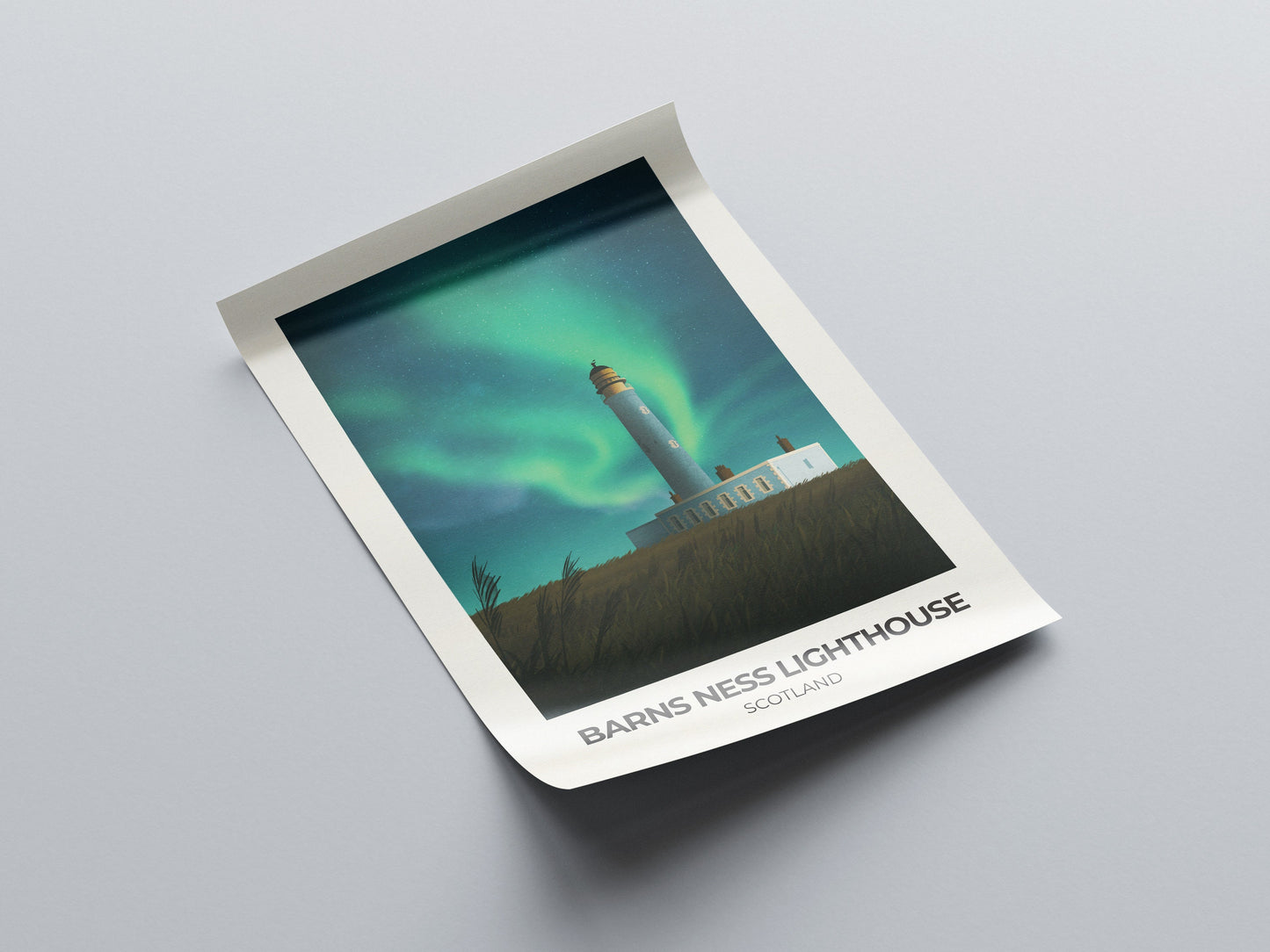 Barns Ness Lighthouse featuring the Northern Lights - Travel Poster Wall Art