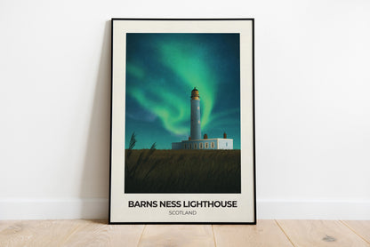 Barns Ness Lighthouse featuring the Northern Lights - Travel Poster Wall Art