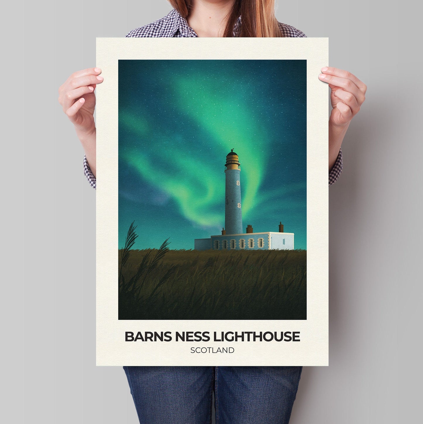 Barns Ness Lighthouse featuring the Northern Lights - Travel Poster Wall Art