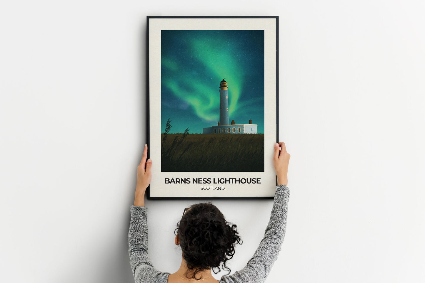 Barns Ness Lighthouse featuring the Northern Lights - Travel Poster Wall Art