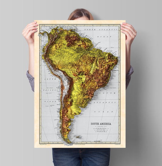 South America Map - Elevation Map - 2D Giclée Vintage Poster - Brazil