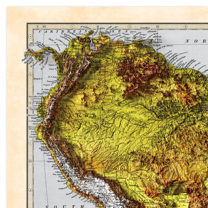 South America Map - Elevation Map - 2D Giclée Vintage Poster - Brazil