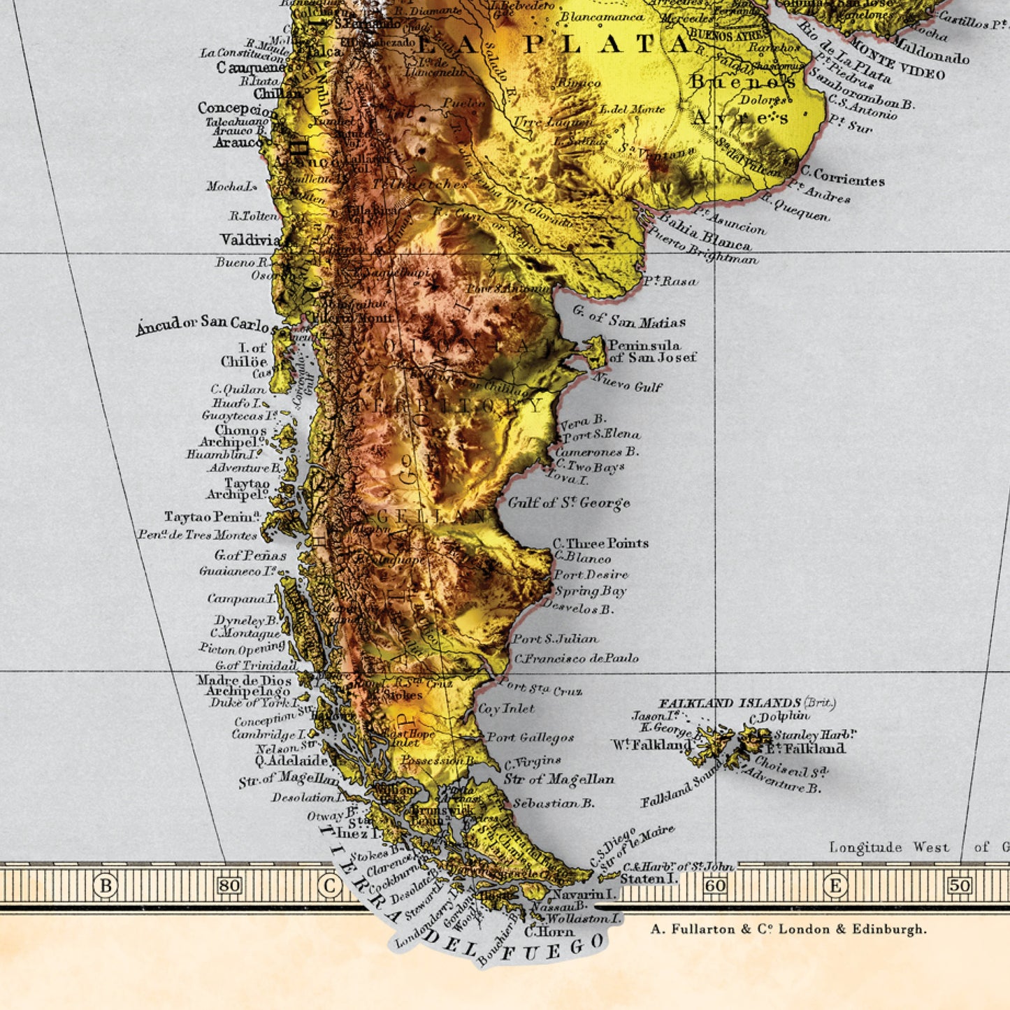 South America Map - Elevation Map - 2D Giclée Vintage Poster - Brazil