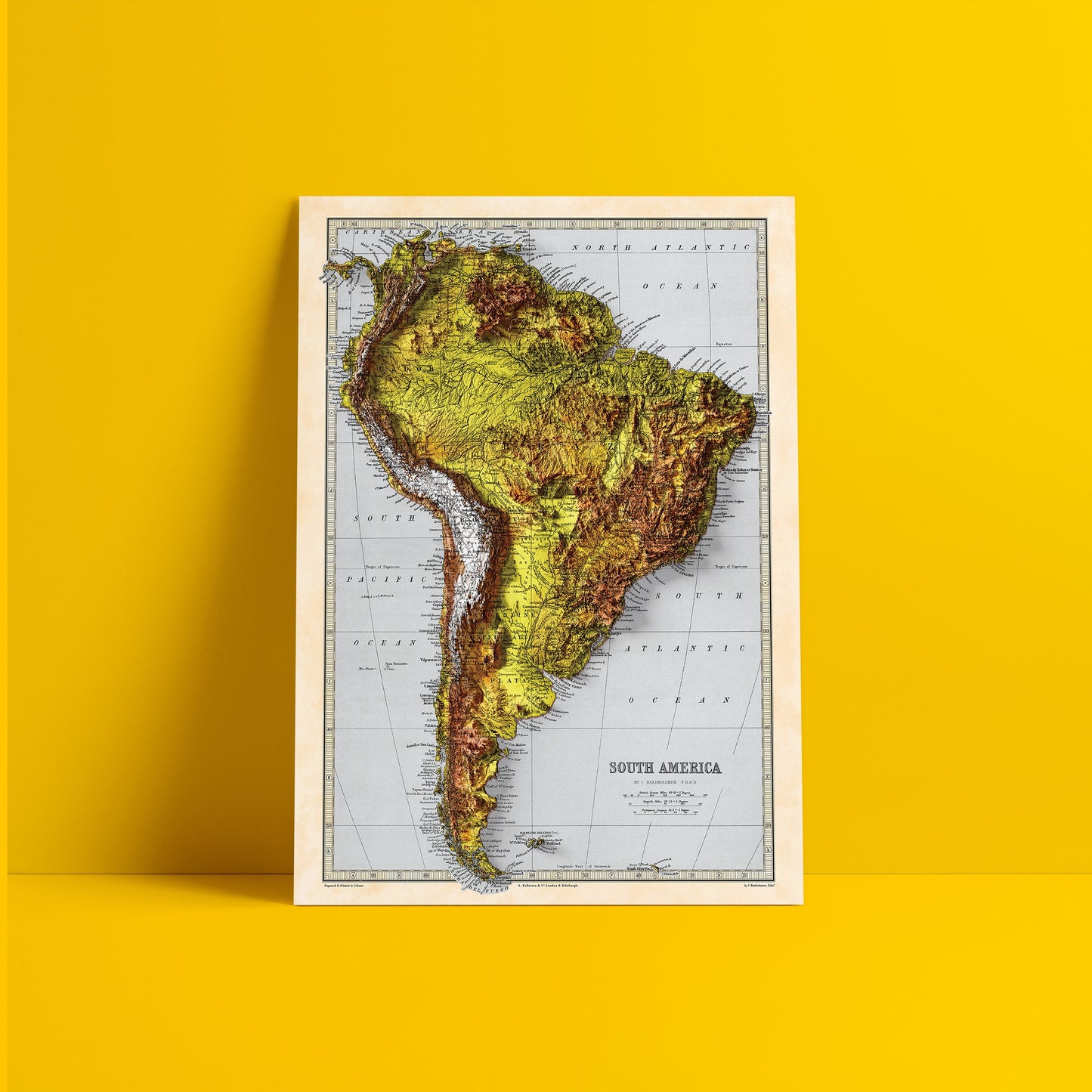 South America Map - Elevation Map - 2D Giclée Vintage Poster - Brazil