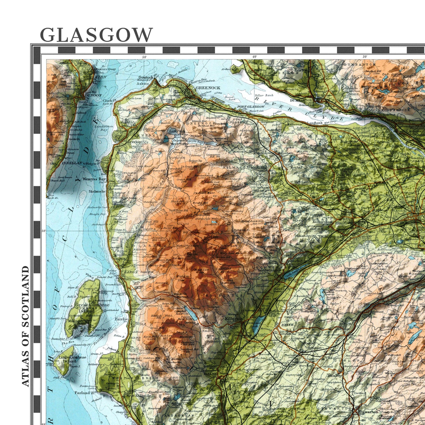 Glasgow Topographic Map Print - Vintage - Retro - Geological Map - 3D effect relief Print