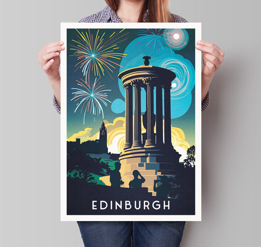 Calton Hill Print - Edinburgh Hogmanay Poster  - Vibrant Colourful Wall Art - Fireworks - Bonfire Night
