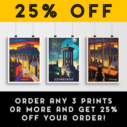 Calton Hill Print - Edinburgh Hogmanay Poster  - Vibrant Colourful Wall Art - Fireworks - Bonfire Night