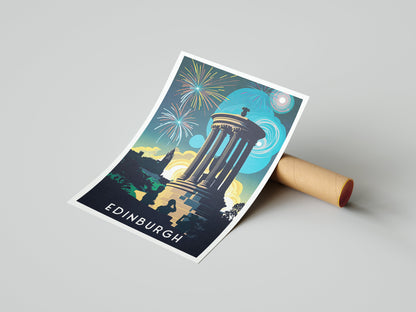 Calton Hill Print - Edinburgh Hogmanay Poster  - Vibrant Colourful Wall Art - Fireworks - Bonfire Night