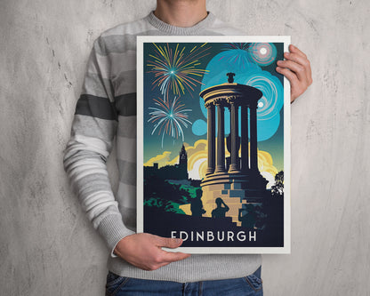 Calton Hill Print - Edinburgh Hogmanay Poster  - Vibrant Colourful Wall Art - Fireworks - Bonfire Night