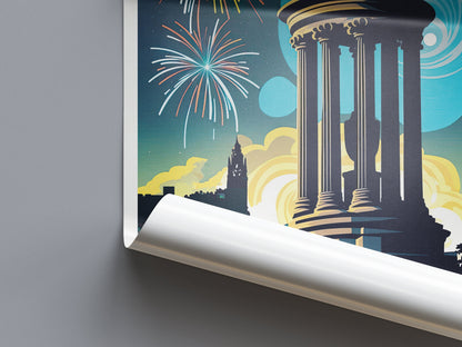 Calton Hill Print - Edinburgh Hogmanay Poster  - Vibrant Colourful Wall Art - Fireworks - Bonfire Night