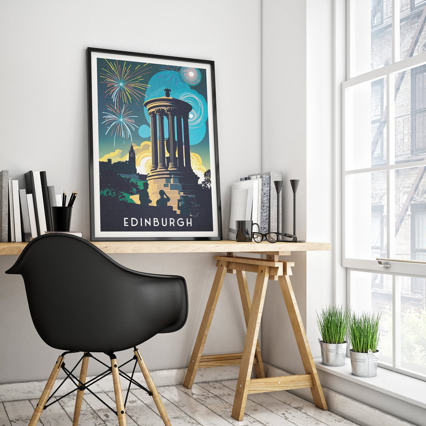 Calton Hill Print - Edinburgh Hogmanay Poster  - Vibrant Colourful Wall Art - Fireworks - Bonfire Night