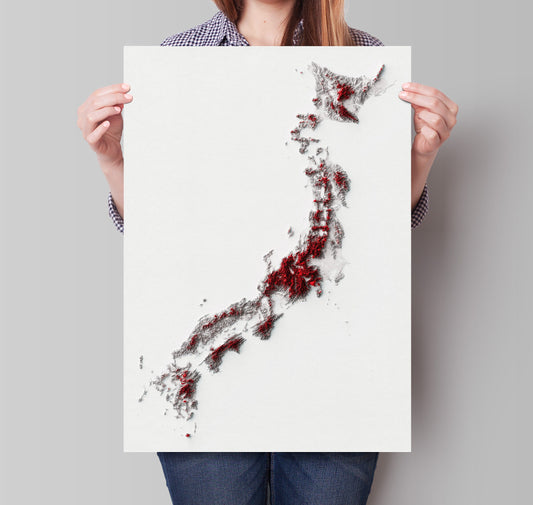 Japan Art Shaded Relief Map - 2D Print - Geology  - Hokkaido - Chubu - Chugoku - Kyushu - Tohoku - Kanto - Shikoku - Kansai - Okinawa