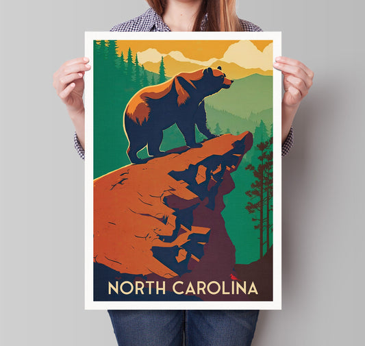 North Carolina Print | Black Bear | Cardinal | Travel Poster | National Park Art | Birthday Present | Home Decor Artwork