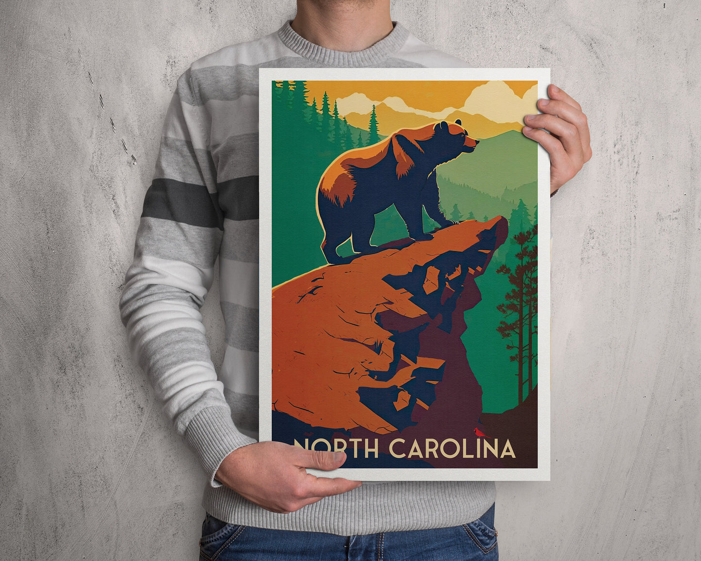 North Carolina Print | Black Bear | Cardinal | Travel Poster | National Park Art | Birthday Present | Home Decor Artwork