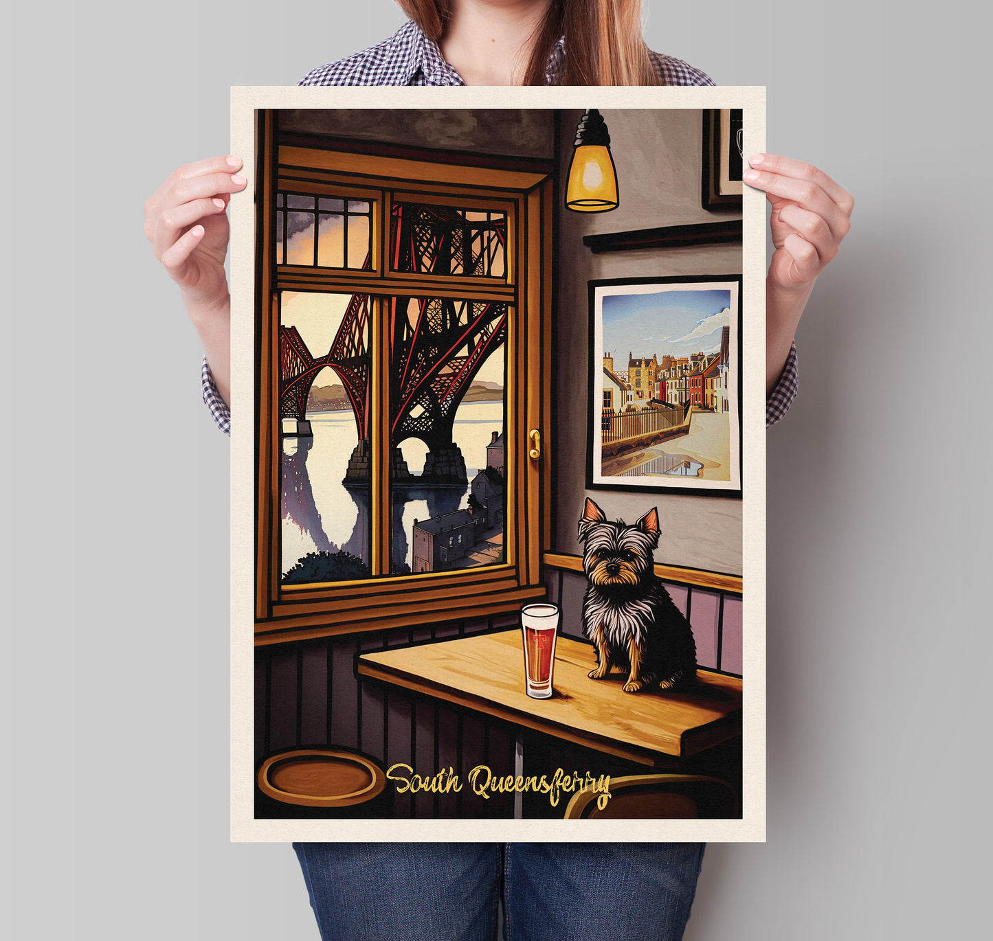 South Queensferry Pub with a View of the Forth Bridge  - Vibrant Colourful Edinburgh Poster - Scottish Wall Art - Forth Rail Bridge Print