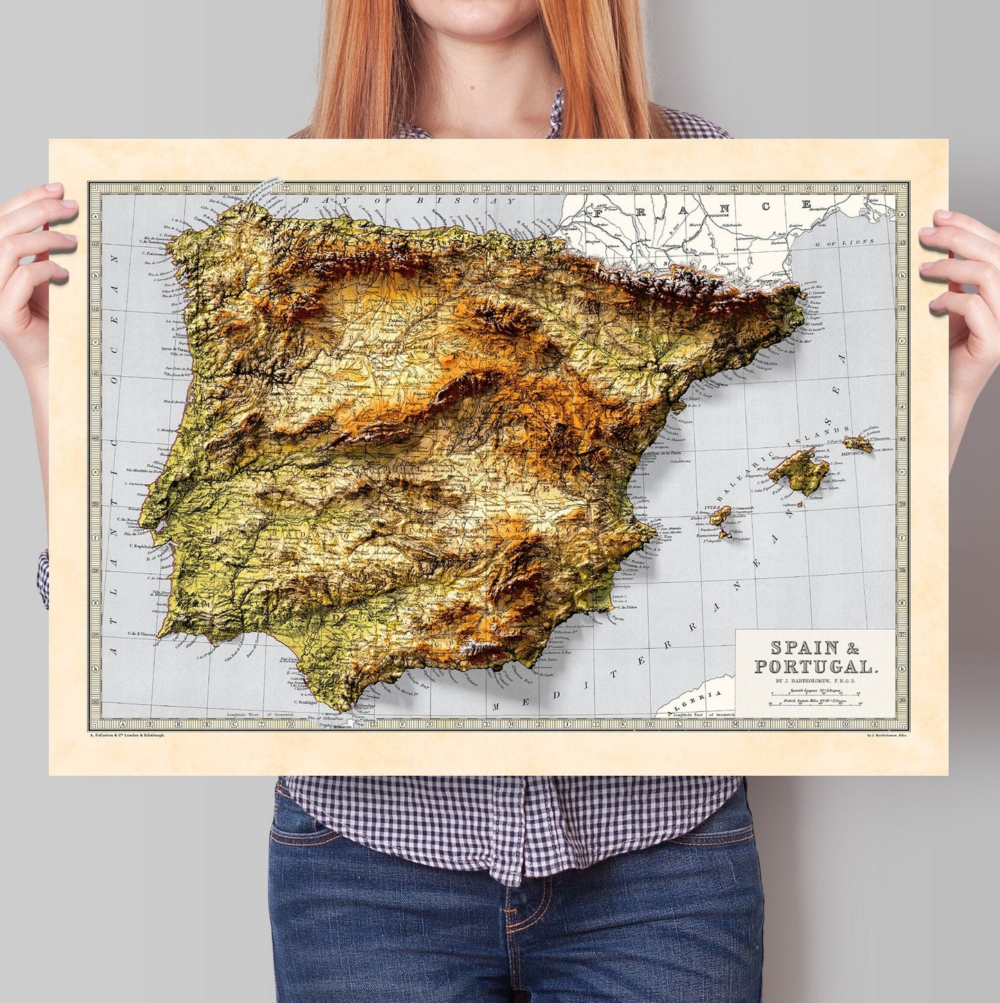 Spain and Portugal Map - Geology Elevation Map - 2D Giclée Vintage Poster - 3D effect shaded relief Print - Balearic Islands - Ibiza