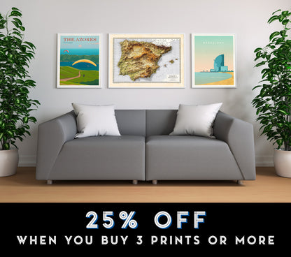 Spain and Portugal Map - Geology Elevation Map - 2D Giclée Vintage Poster - 3D effect shaded relief Print - Balearic Islands - Ibiza