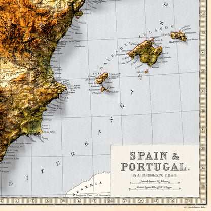 Spain and Portugal Map - Geology Elevation Map - 2D Giclée Vintage Poster - 3D effect shaded relief Print - Balearic Islands - Ibiza