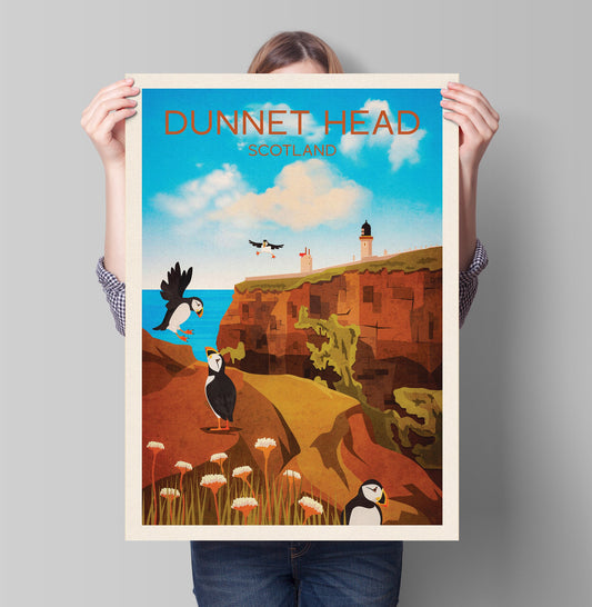 Dunnet Head Travel Poster - Puffin Print - Puffins and Lighthouse - Thurso - Scotland Art Print - A3, A2, A1