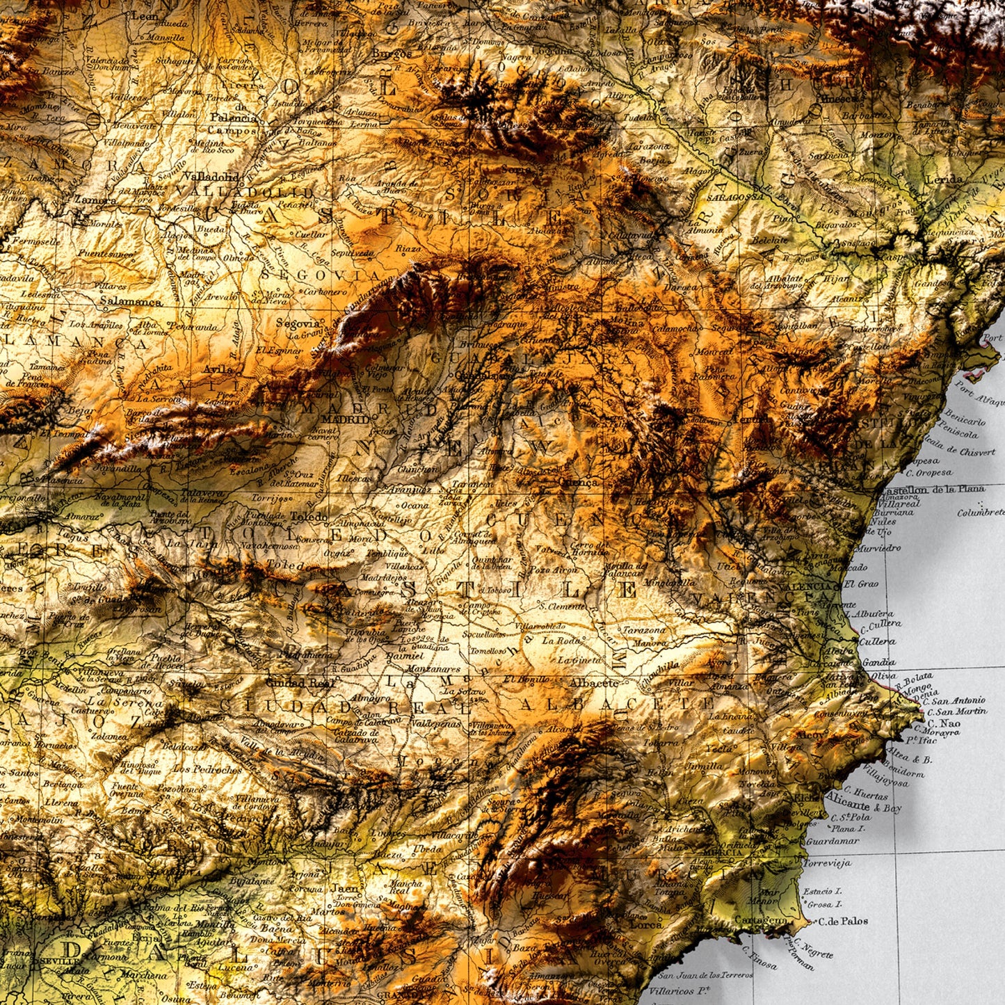 Spain and Portugal Map - Geology Elevation Map - 2D Giclée Vintage Poster - 3D effect shaded relief Print - Balearic Islands - Ibiza