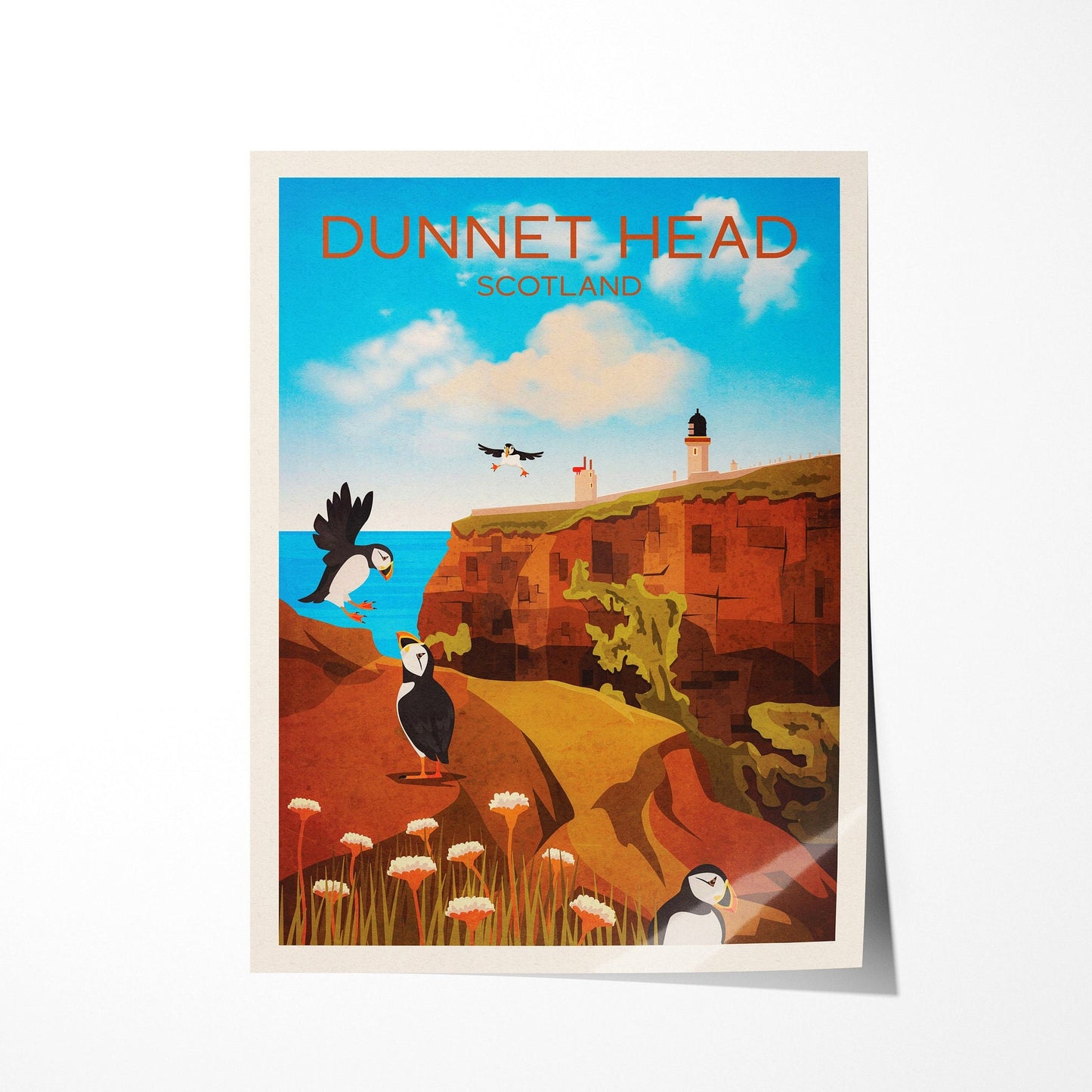 Dunnet Head Travel Poster - Puffin Print - Puffins and Lighthouse - Thurso - Scotland Art Print - A3, A2, A1