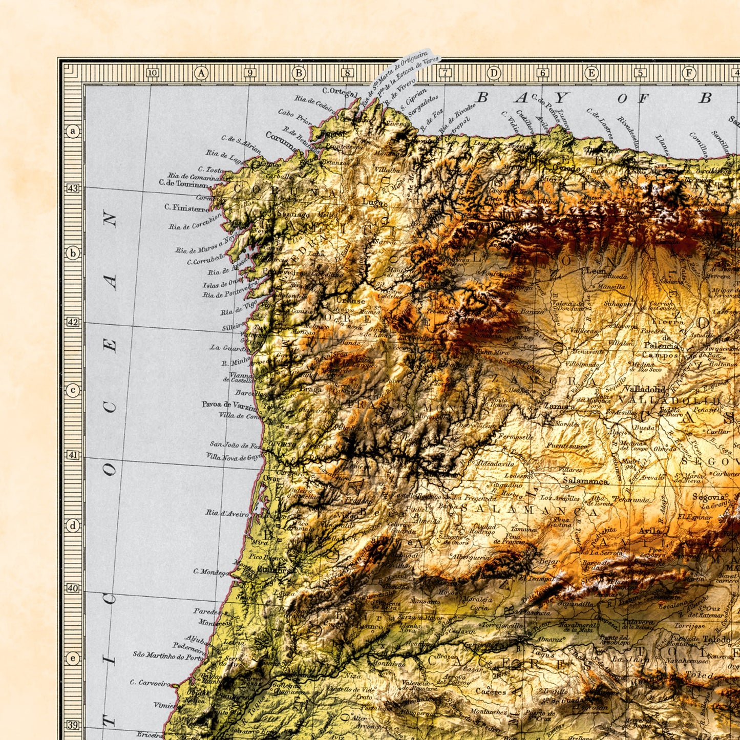 Spain and Portugal Map - Geology Elevation Map - 2D Giclée Vintage Poster - 3D effect shaded relief Print - Balearic Islands - Ibiza