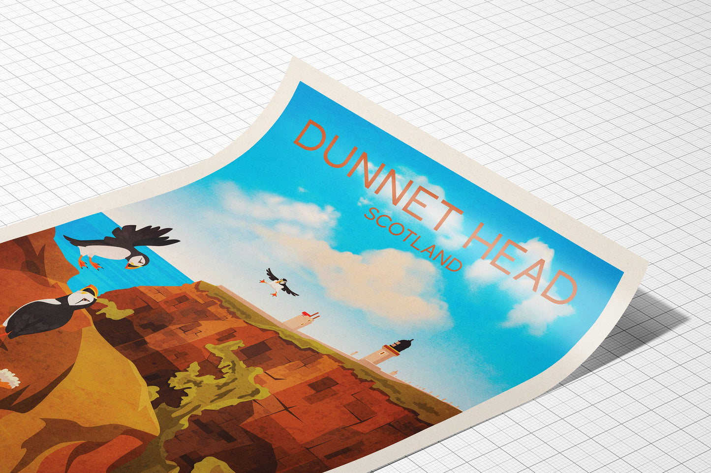 Dunnet Head Travel Poster - Puffin Print - Puffins and Lighthouse - Thurso - Scotland Art Print - A3, A2, A1