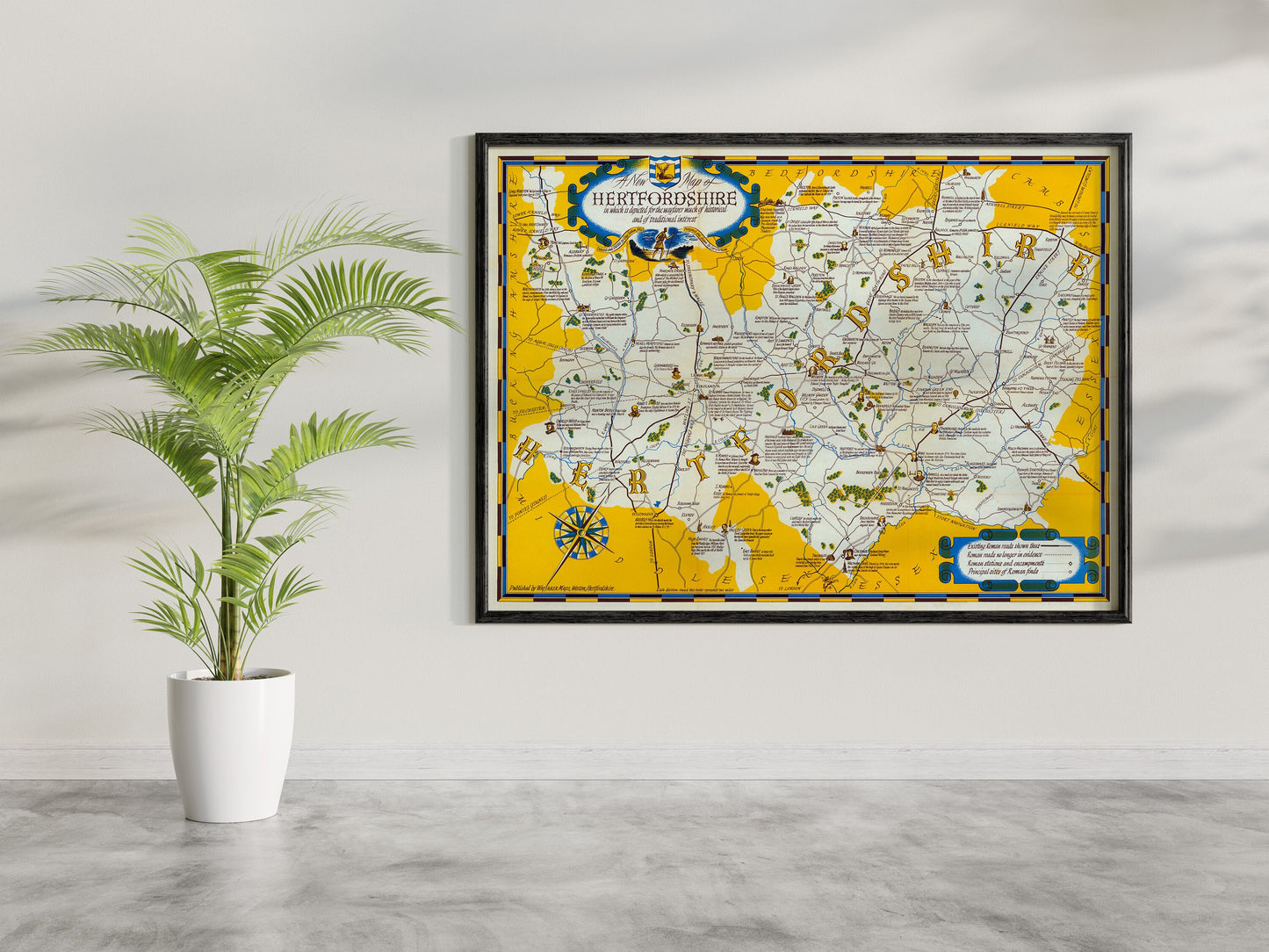 Hertfordshire Map | Old Vintage England | British Pictorial Map | Hertford Old Map | Gift for Him