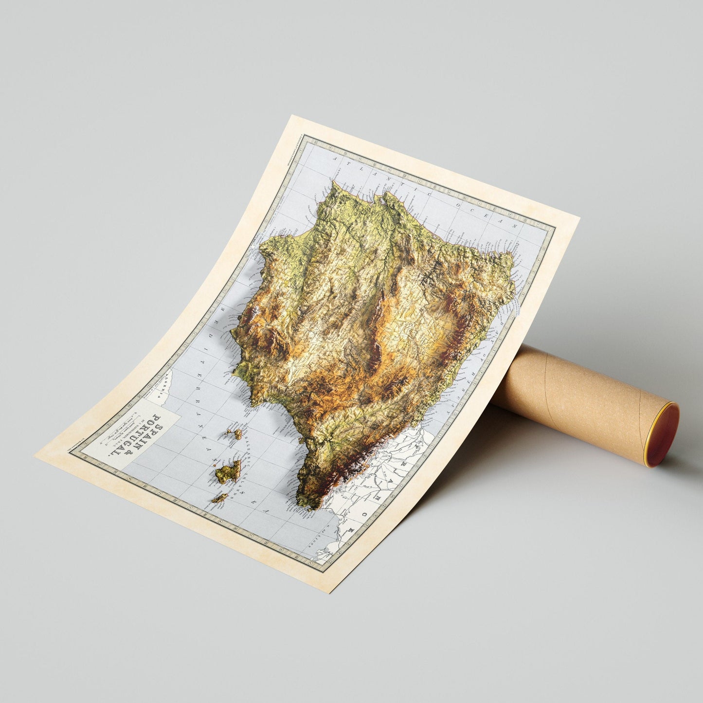 Spain and Portugal Map - Geology Elevation Map - 2D Giclée Vintage Poster - 3D effect shaded relief Print - Balearic Islands - Ibiza